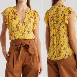 NWT ALC June Ruffle Sleeve Silk Top, Yellow print, size 6